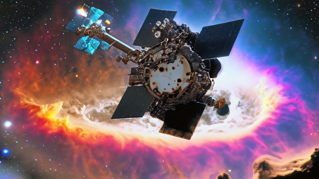 Firefly_JWST+satellite with huge camera looking at the star forming region carina nebula in the style of 3d pixar movie scene with rainbow colors_photo_70149
