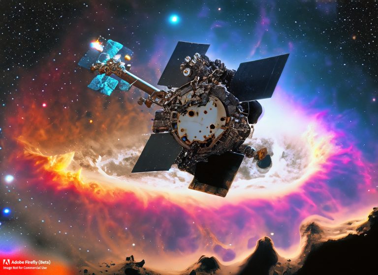 Firefly_JWST+satellite with huge camera looking at the star forming region carina nebula in the style of 3d pixar movie scene with rainbow colors_photo_70149